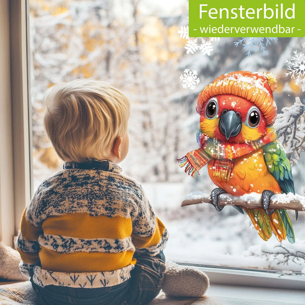 Fensterbild | Farbenfroher Papagei mit buntem Schal | Winterliche Fensterbild Dekoration Sunnywall