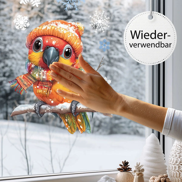 Fensterbild | Farbenfroher Papagei mit buntem Schal | Winterliche Fensterbild Dekoration Sunnywall