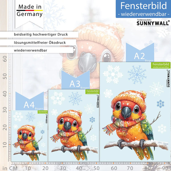 Fensterbild | Farbenfroher Papagei mit buntem Schal | Winterliche Fensterbild Dekoration Sunnywall