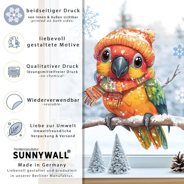 Fensterbild | Farbenfroher Papagei mit buntem Schal | Winterliche Fensterbild Dekoration Sunnywall