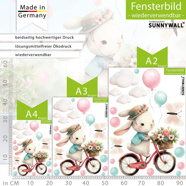 Fensterbild | Hase auf Fahrrad Tour mit Blumenkorb und Ballons Sunnywall