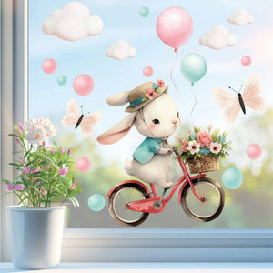Fensterbild | Hase auf Fahrrad Tour mit Blumenkorb und Ballons Sunnywall