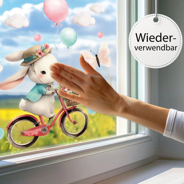 Fensterbild | Hase auf Fahrrad Tour mit Blumenkorb und Ballons Sunnywall
