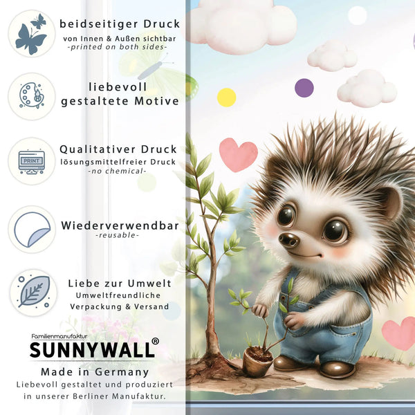 Fensterbild | Kleiner Igel Gärtner Sunnywall