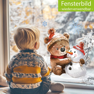 Fensterbild |  Knuddeliger Bär mit Schneemann | Winterliche Fensterbild Dekoration Sunnywall