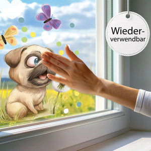 Fensterbild | Neugieriger Mops mit Pusteblume Sunnywall