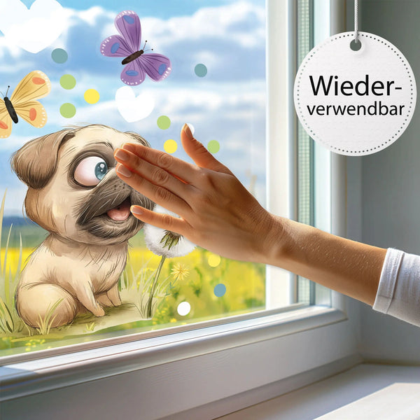 Fensterbild | Neugieriger Mops mit Pusteblume Sunnywall