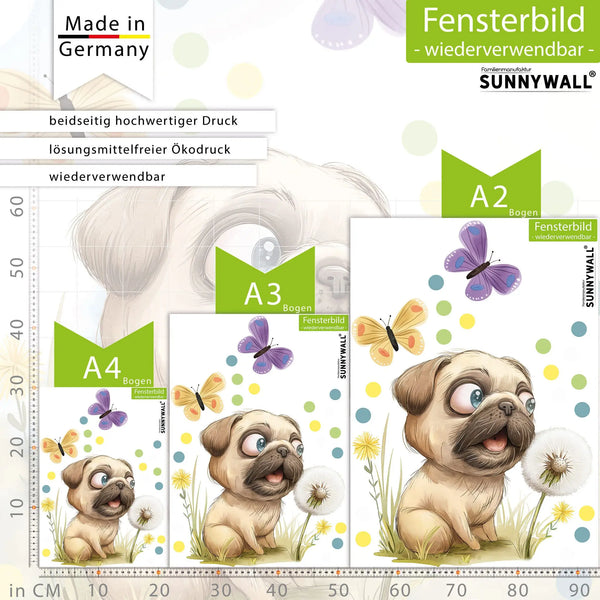 Fensterbild | Neugieriger Mops mit Pusteblume Sunnywall