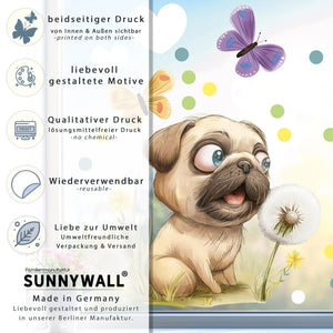 Fensterbild | Neugieriger Mops mit Pusteblume Sunnywall
