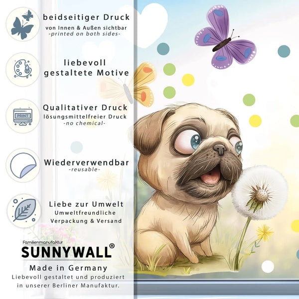 Fensterbild | Neugieriger Mops mit Pusteblume Sunnywall