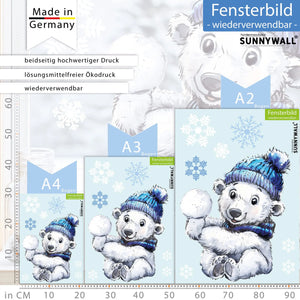 Fensterbild | Niedlicher Eisbär mit Schneeball | Winterliche Fensterbild Dekoration Sunnywall