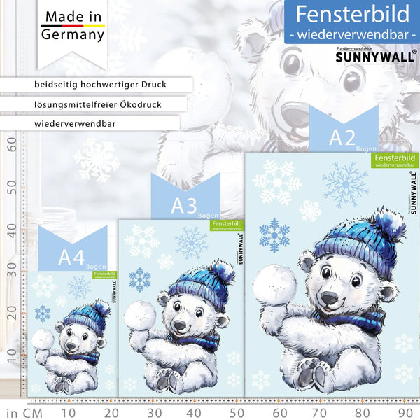 Fensterbild | Niedlicher Eisbär mit Schneeball | Winterliche Fensterbild Dekoration Sunnywall