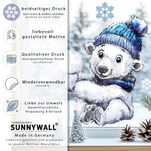 Fensterbild | Niedlicher Eisbär mit Schneeball | Winterliche Fensterbild Dekoration Sunnywall