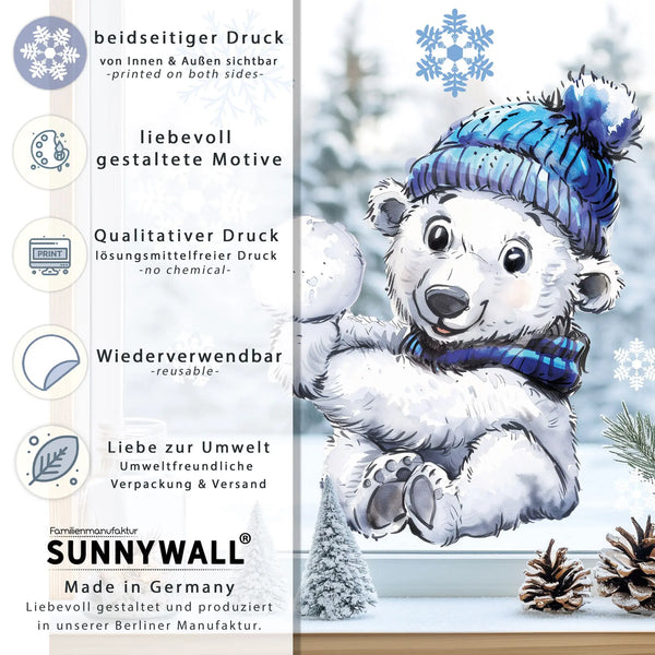 Fensterbild | Niedlicher Eisbär mit Schneeball | Winterliche Fensterbild Dekoration Sunnywall
