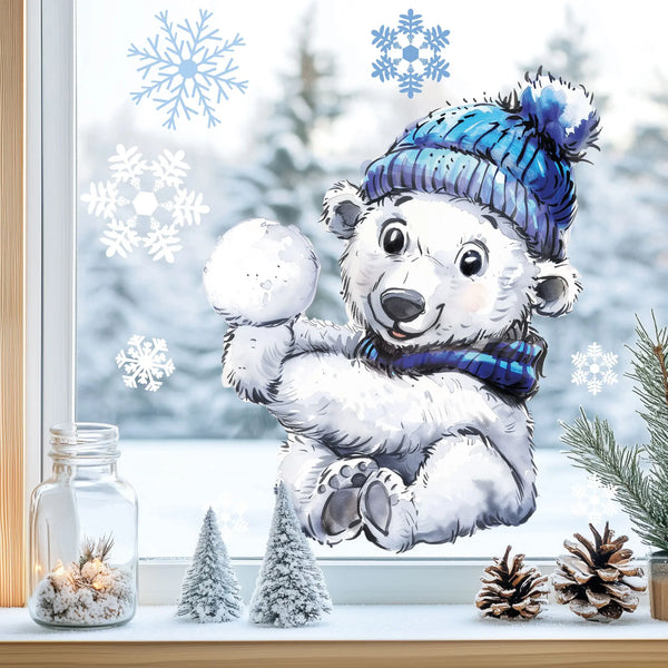 Fensterbild | Niedlicher Eisbär mit Schneeball | Winterliche Fensterbild Dekoration Sunnywall