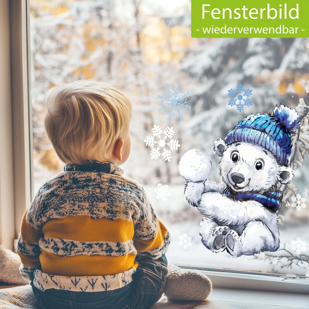 Fensterbild | Niedlicher Eisbär mit Schneeball | Winterliche Fensterbild Dekoration Sunnywall