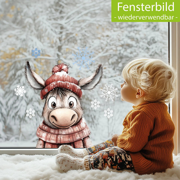 Fensterbild | Niedlicher Esel mit rotem Schal | Winterliche Fensterbild Dekoration Sunnywall