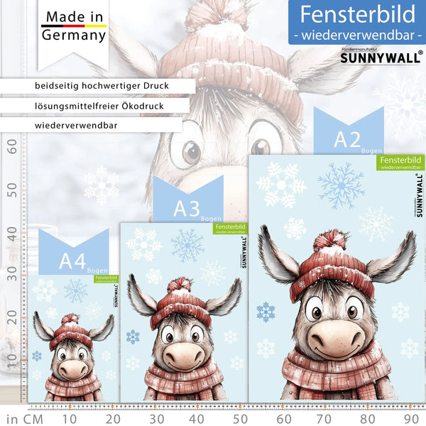 Fensterbild | Niedlicher Esel mit rotem Schal | Winterliche Fensterbild Dekoration Sunnywall