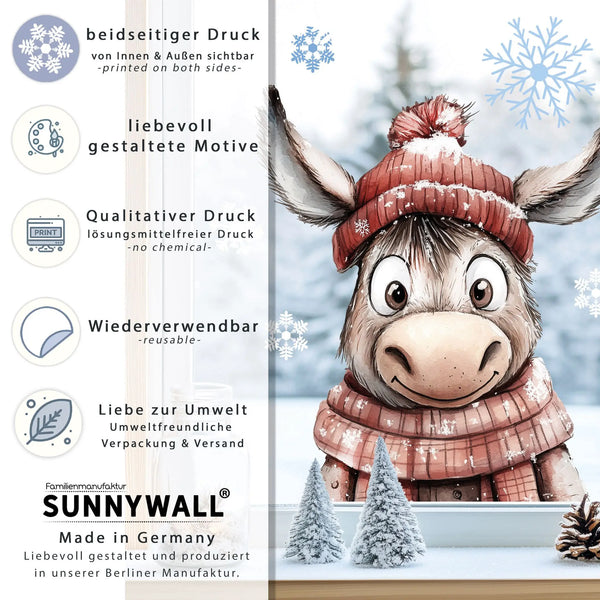 Fensterbild | Niedlicher Esel mit rotem Schal | Winterliche Fensterbild Dekoration Sunnywall