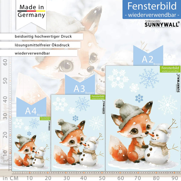 Fensterbild |  Niedlicher Fuchs baut Schneemann | Winterliche Fensterbild Dekoration Sunnywall