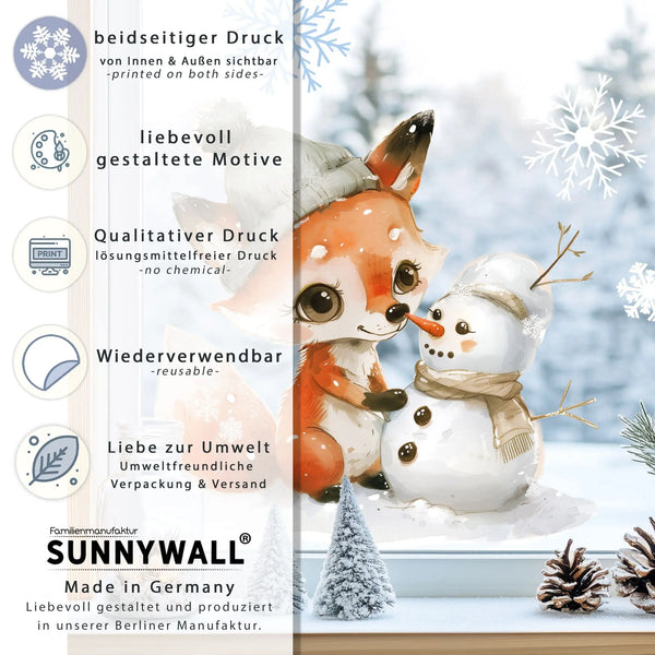 Fensterbild |  Niedlicher Fuchs baut Schneemann | Winterliche Fensterbild Dekoration Sunnywall