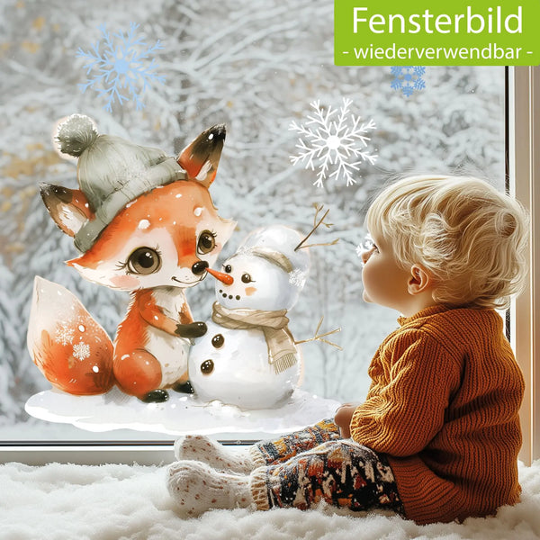 Fensterbild |  Niedlicher Fuchs baut Schneemann | Winterliche Fensterbild Dekoration Sunnywall