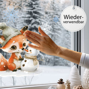 Fensterbild |  Niedlicher Fuchs baut Schneemann | Winterliche Fensterbild Dekoration Sunnywall