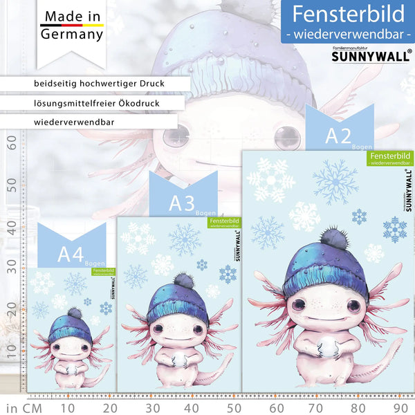 Fensterbild | Niedliches Axolotl mit blauer Wollmütze | Winterliche Fensterbild Dekoration Sunnywall
