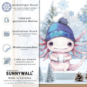 Fensterbild | Niedliches Axolotl mit blauer Wollmütze | Winterliche Fensterbild Dekoration Sunnywall