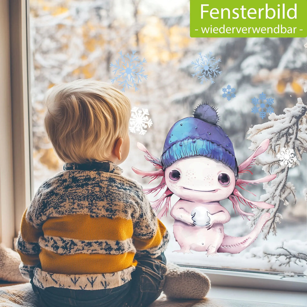 Fensterbild | Niedliches Axolotl mit blauer Wollmütze | Winterliche Fensterbild Dekoration Sunnywall