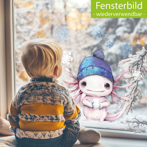 Fensterbild | Niedliches Axolotl mit blauer Wollmütze | Winterliche Fensterbild Dekoration Sunnywall