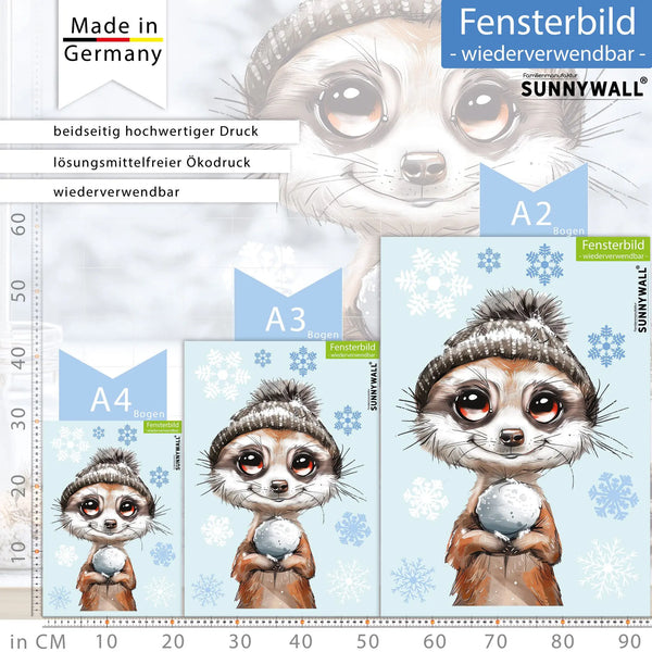 Fensterbild | Niedliches Erdmännchen mit grauer Wollmütze | Winterliche Fensterbild Dekoration Sunnywall
