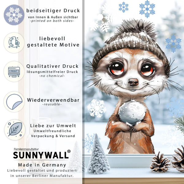 Fensterbild | Niedliches Erdmännchen mit grauer Wollmütze | Winterliche Fensterbild Dekoration Sunnywall
