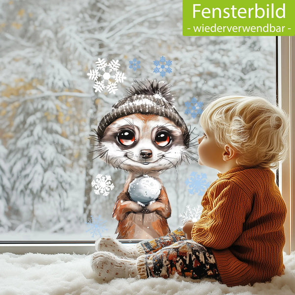 Fensterbild | Niedliches Erdmännchen mit grauer Wollmütze | Winterliche Fensterbild Dekoration Sunnywall