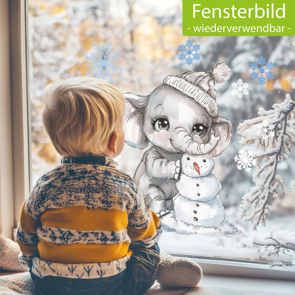 Fensterbild | Süßer Elefant mit Schneemann | Winterliche Fensterbild Dekoration Sunnywall