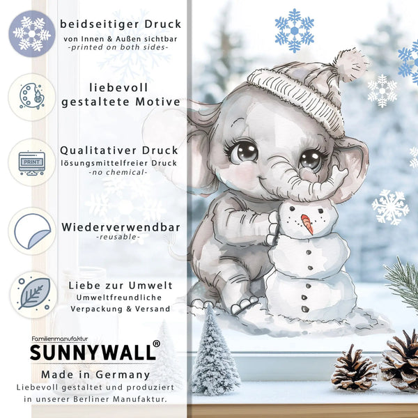 Fensterbild | Süßer Elefant mit Schneemann | Winterliche Fensterbild Dekoration Sunnywall