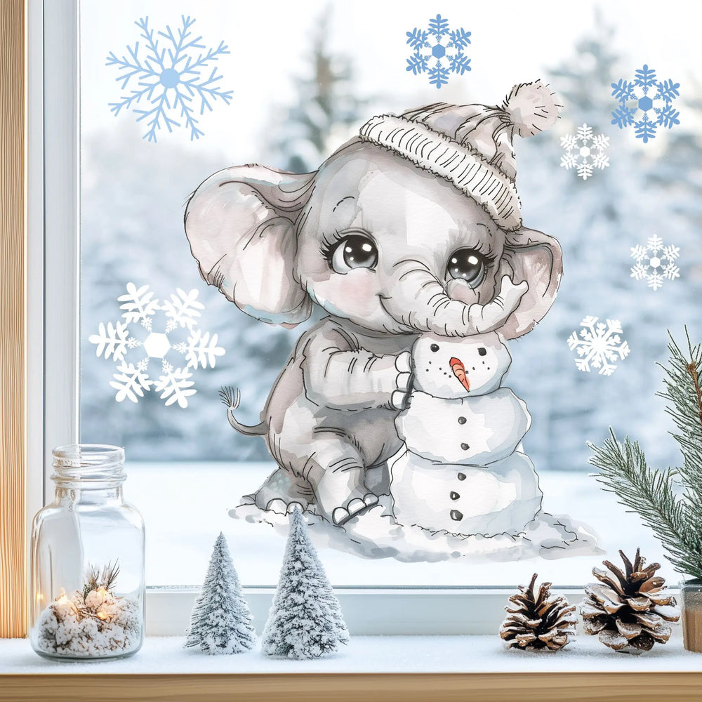 Fensterbild | Süßer Elefant mit Schneemann | Winterliche Fensterbild Dekoration Sunnywall