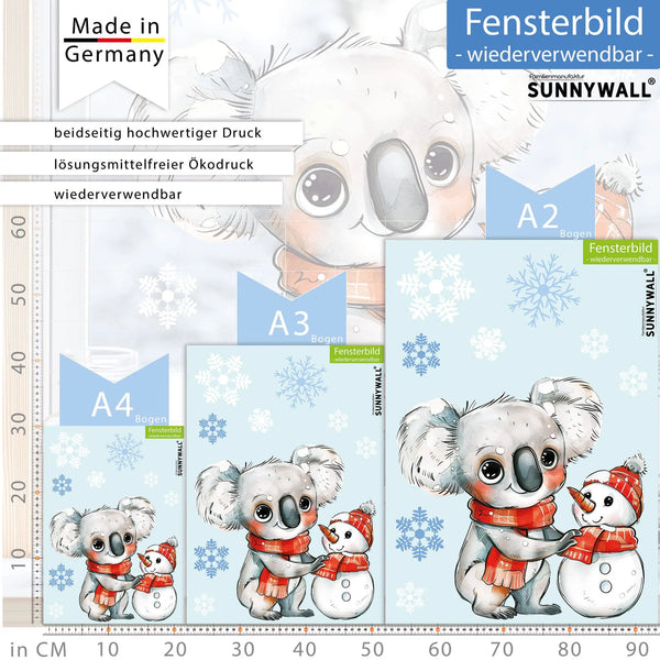 Fensterbild | Süßer Koala mit Schneemann | Winterliche Fensterbild Dekoration Sunnywall