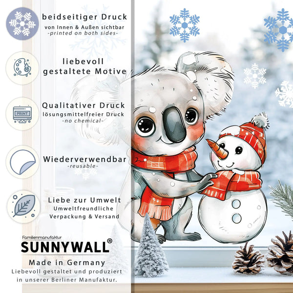 Fensterbild | Süßer Koala mit Schneemann | Winterliche Fensterbild Dekoration Sunnywall