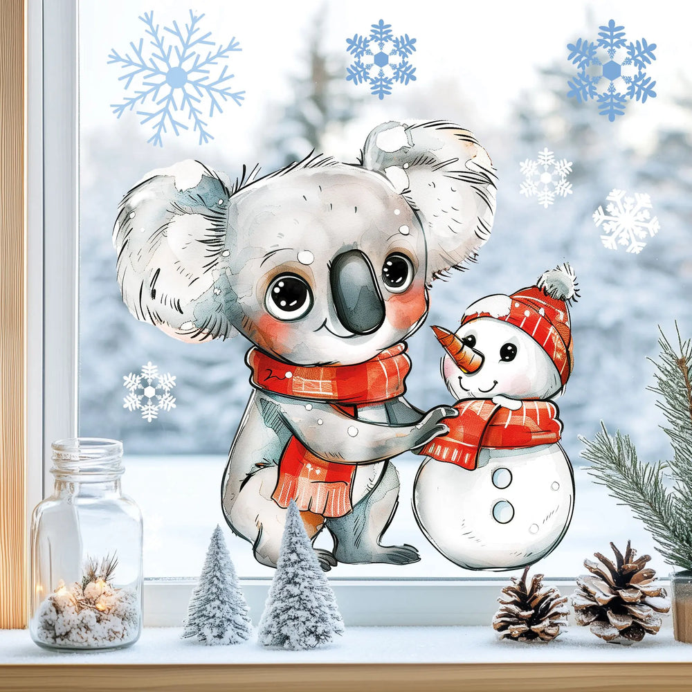 Fensterbild | Süßer Koala mit Schneemann | Winterliche Fensterbild Dekoration Sunnywall