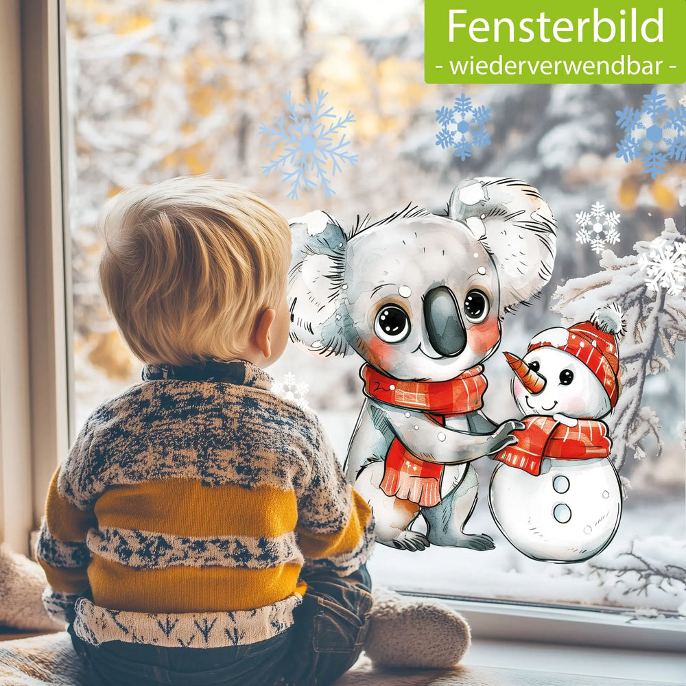 Fensterbild | Süßer Koala mit Schneemann | Winterliche Fensterbild Dekoration Sunnywall
