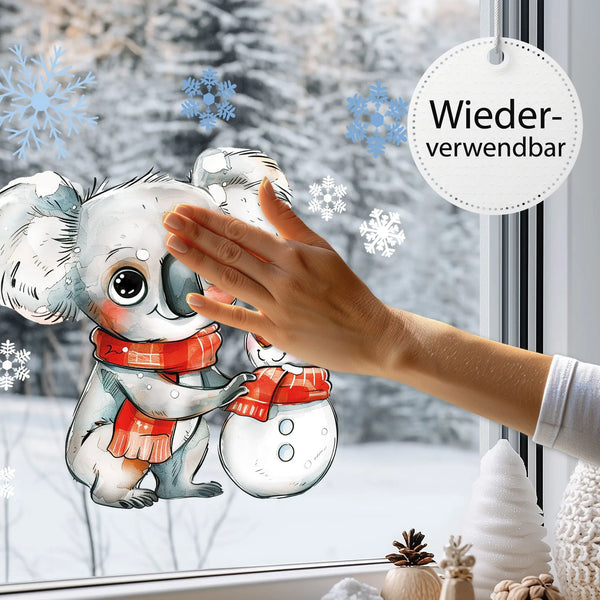 Fensterbild | Süßer Koala mit Schneemann | Winterliche Fensterbild Dekoration Sunnywall