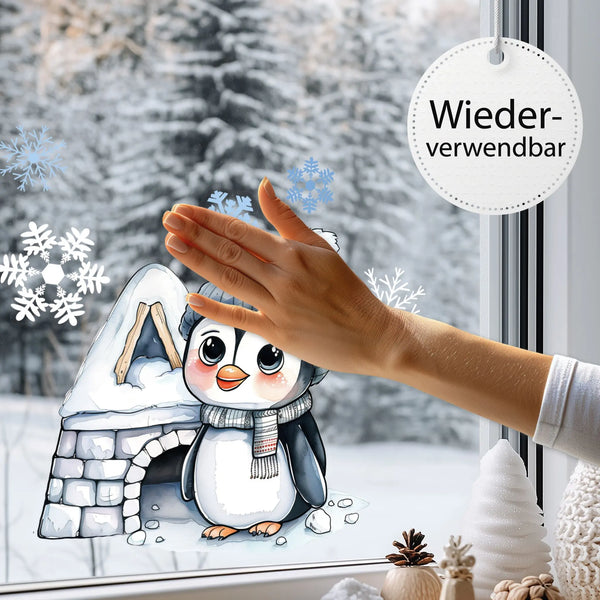 Fensterbild | Süßer Pinguin mit Iglu Haus | Winterliche Fensterbild Dekoration Sunnywall