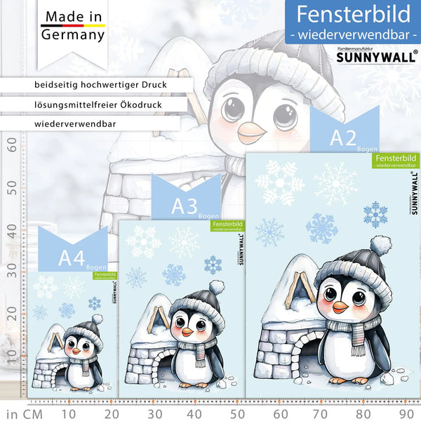Fensterbild | Süßer Pinguin mit Iglu Haus | Winterliche Fensterbild Dekoration Sunnywall