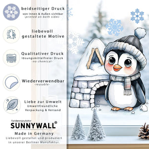 Fensterbild | Süßer Pinguin mit Iglu Haus | Winterliche Fensterbild Dekoration Sunnywall