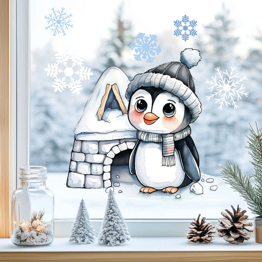Fensterbild | Süßer Pinguin mit Iglu Haus | Winterliche Fensterbild Dekoration Sunnywall