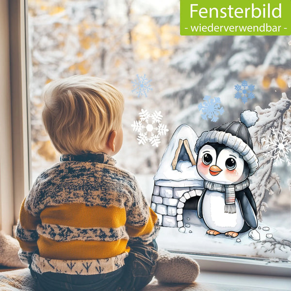 Fensterbild | Süßer Pinguin mit Iglu Haus | Winterliche Fensterbild Dekoration Sunnywall