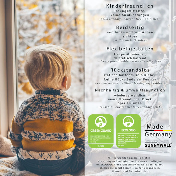 Fensterbild |  Verspielter Langhals mit Schneemann | Winterliche Fensterbild Dekoration Sunnywall