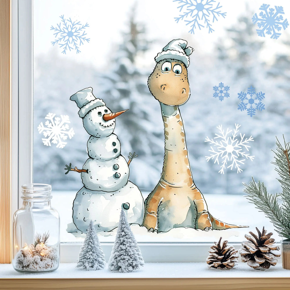 Fensterbild |  Verspielter Langhals mit Schneemann | Winterliche Fensterbild Dekoration Sunnywall
