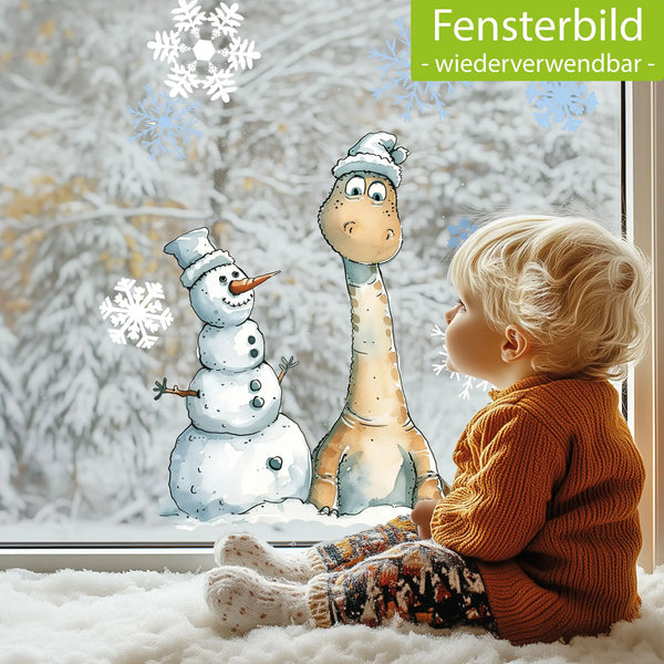 Fensterbild |  Verspielter Langhals mit Schneemann | Winterliche Fensterbild Dekoration Sunnywall